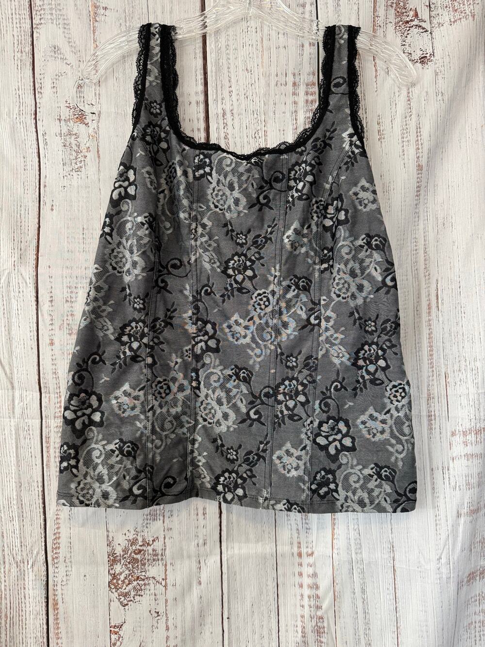 White House Black Market Floral Lace Trim Tank Top Gray Black Stretch Sleeveless